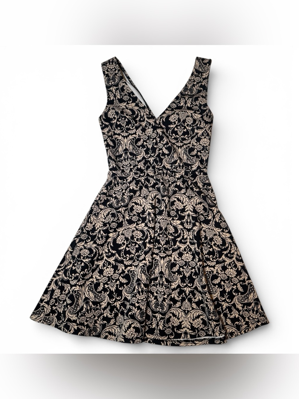 Forever 21 Black & Beige V-Neck Fit-and-Flare Mini Dress- Small